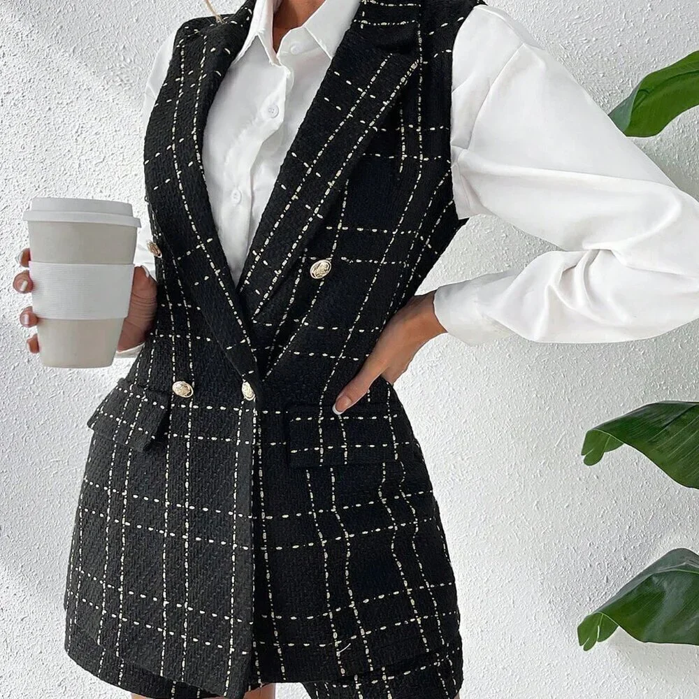 Fall Stylish Plaid Double Breasted Tweed Vest Blazer & Shorts